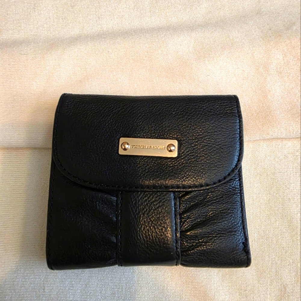 Victoria's Secret Genuine Leather Black Compact Wallet with Ruched Detailing